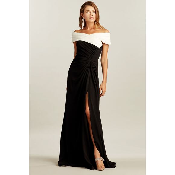 Tadashi Showji Formal Gown, Size L Black Off the Shoulder Crepe Slit Pleated - Picture 1 of 9